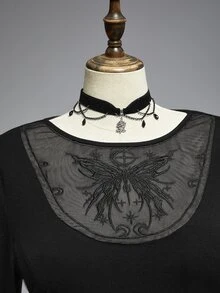 ROMWE Goth Plus Size Fashion Vintage Embroidered Mesh Patchwork Bell Sleeve Two Pieces Set - Black - View 3