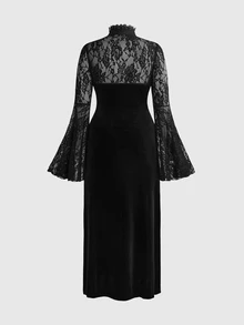 ROMWE Vintage Gothic Plus Size Lace High Neck Velvet Cinched Waist Ruched Slit Slimming Long Sleeve Mermaid Dress Elegant Party Dress Halloween - Black - View 2