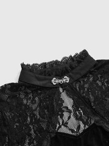 ROMWE Vintage Gothic Plus Size Lace High Neck Velvet Cinched Waist Ruched Slit Slimming Long Sleeve Mermaid Dress Elegant Party Dress Halloween - Black - View 3