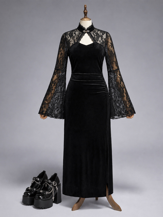 Vintage Gothic Plus Size Lace High Neck Velvet Cinched Waist Ruched Slit Slimming Long Sleeve Mermaid Dress Elegant Party Dress Halloween