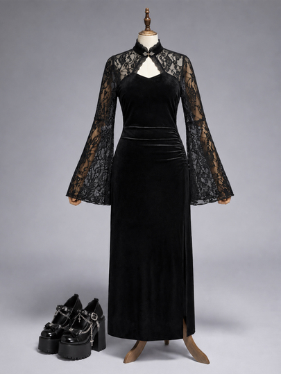 Goth Abito da sera elegante vintage gotico taglie forti in pizzo e velluto con collo alto, vita stretta, arricciature, spacco, maniche lunghe, effetto snellente, modello a sirena, per feste e Ognissanti