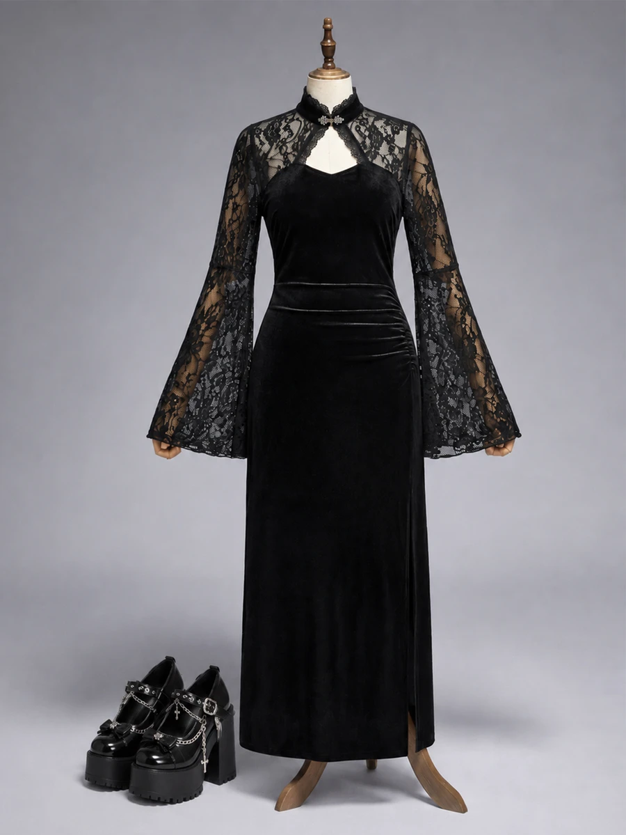 ROMWE Vintage Gothic Plus Size Lace High Neck Velvet Cinched Waist Ruched Slit Slimming Long Sleeve Mermaid Dress Elegant Party Dress Halloween - Black - View 1