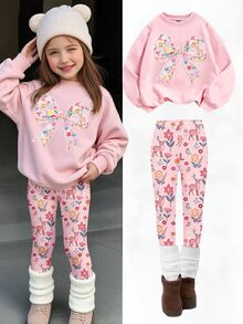 Toddler Girls Bow Floral Deer Sweatshirt & Leggings Set, Pink Sweet (2 Pcs) Fall Winter - Multicolor - View 3