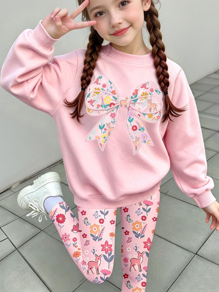 Toddler Girls Bow Floral Deer Sweatshirt & Leggings Set, Pink Sweet (2 Pcs) Fall Winter - Multicolor - View 1