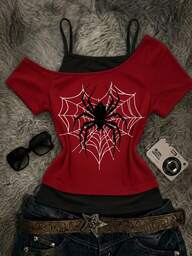 Attitoon Women's Casual Retro Colorblock Short Sleeve T-Shirt With Spider Web Print, Minimalist Vintage Punk Y2K Tops, Versatile For Parties, Movie Festivals, Gothic Style, Summer Outfit