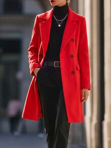 SHEIN Women's Mid-Length Wool Blend Solid Color Coat, Notched Lapel Double-Breasted, Long-Sleeved Coat - Red - View 3