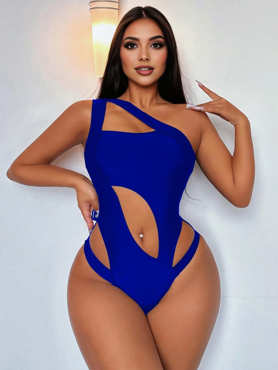 SHEIN Swim 优雅性感的连体泳衣,简约时尚的设计,适合夏天 - 寶藍色 - 查看 1