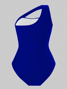 SHEIN Swim 优雅性感的连体泳衣，简约时尚的设计，适合夏天 - 寶藍色 - 查看 4
