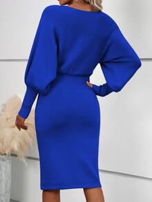 SHEIN 女士简约优雅腰部修身毛衣裙，秋冬 - 寶藍色 - 查看 2