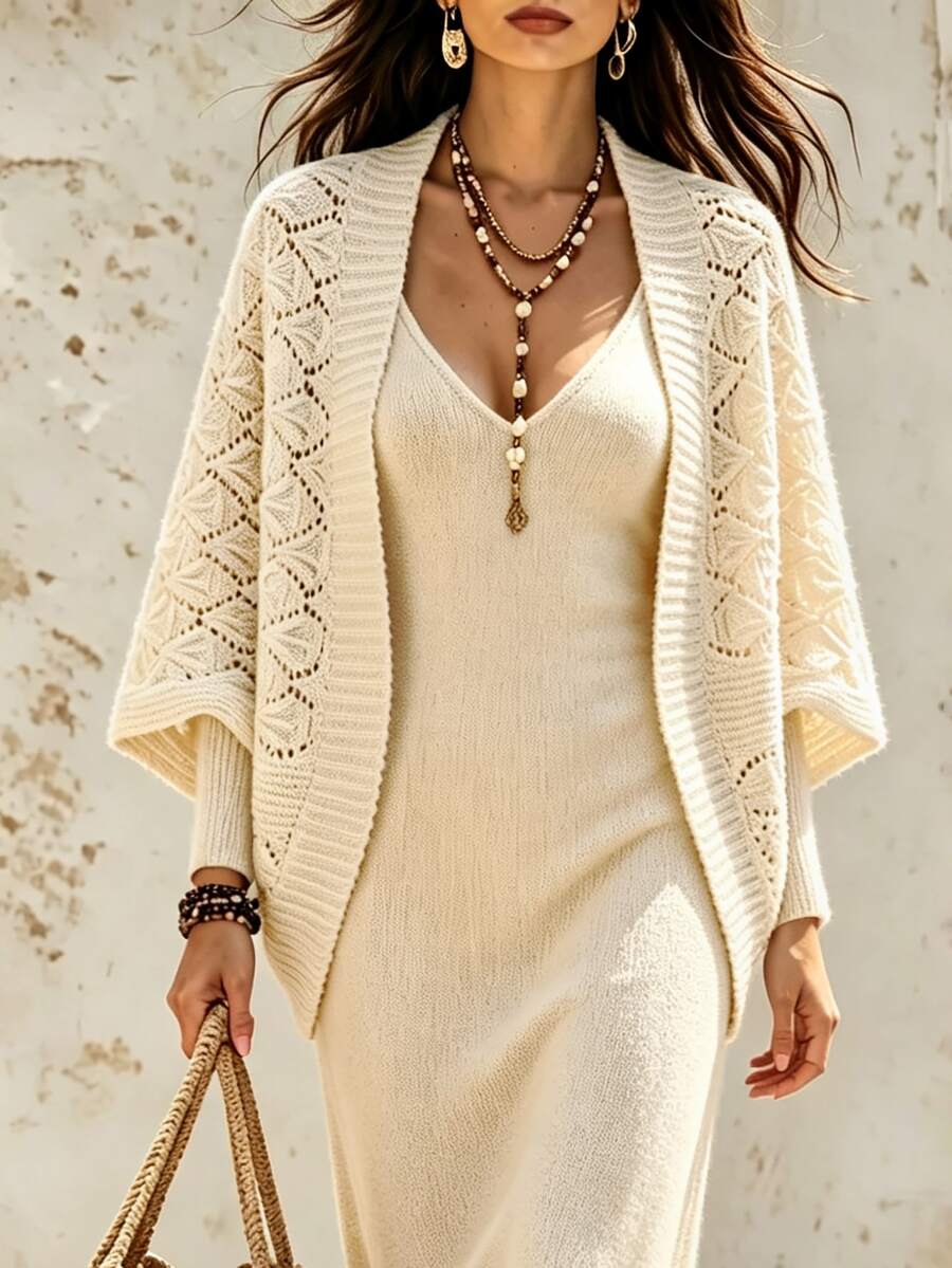 SHEIN Cardigan Rajut Elegan Lengan Kelelawar Minimalis Serbaguna untuk Wanita, Cocok untuk Perjalanan Sehari-hari