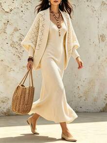 SHEIN Cardigan Rajut Elegan Lengan Kelelawar Minimalis Serbaguna untuk Wanita, Cocok untuk Perjalanan Sehari-hari - Unta - View 6