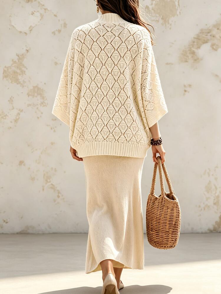 SHEIN Cardigan Rajut Elegan Lengan Kelelawar Minimalis Serbaguna untuk Wanita, Cocok untuk Perjalanan Sehari-hari - Unta - View 2