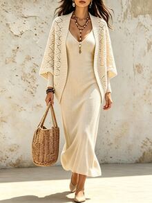 SHEIN Cardigan Rajut Elegan Lengan Kelelawar Minimalis Serbaguna untuk Wanita, Cocok untuk Perjalanan Sehari-hari - Unta - View 5