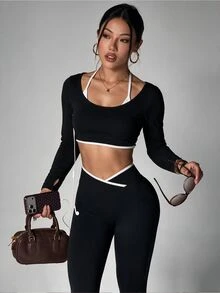 Cévolie Women's Long Sleeve Round Neck Slim Fit Fashion Sports Cropped T-Shirt - Black - View 5