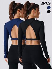 Dewbera Dewbera Solid Color Backless Fitted Cropped Sports Modest Athleisure T-Shirt Workout Gym Navy Blue Black Autumn - Multicolor - View 5