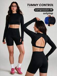 Dewbera Dewbera Solid Color Backless Fitted Cropped Sports Modest Athleisure T-Shirt Workout Gym Navy Blue Black Autumn - Multicolor - View 4