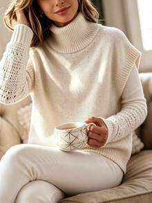 SHEIN Colete de Tricô Casual de Gola Alta Feminino, Outono/Inverno, Uso Diário em Casa, Branco - Bege - Visão 5