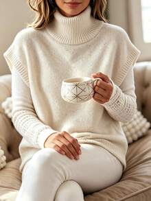 SHEIN Colete de Tricô Casual de Gola Alta Feminino, Outono/Inverno, Uso Diário em Casa, Branco - Bege - Visão 6