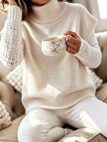 SHEIN Colete de Tricô Casual de Gola Alta Feminino, Outono/Inverno, Uso Diário em Casa, Branco - Bege - Visão 3