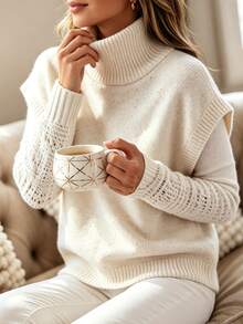 SHEIN Colete de Tricô Casual de Gola Alta Feminino, Outono/Inverno, Uso Diário em Casa, Branco - Bege - Visão 4