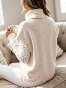 SHEIN Colete de Tricô Casual de Gola Alta Feminino, Outono/Inverno, Uso Diário em Casa, Branco - Bege - Visão 2