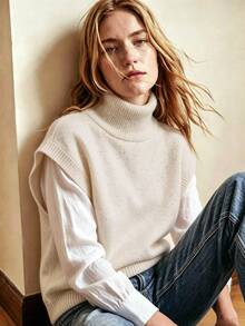SHEIN Colete de Tricô Casual de Gola Alta Feminino, Outono/Inverno, Uso Diário em Casa, Branco - Bege - Visão 1
