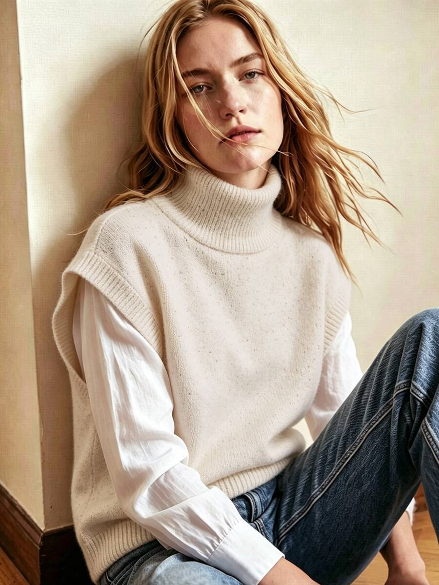 SHEIN Colete de Tricô Casual de Gola Alta Feminino, Outono/Inverno, Uso Diário em Casa, Branco - Bege - Visão 1