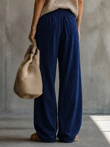SHEIN Women's Casual Drawstring Waist Pocket Long Pants Lounge Navy Blue Autumn - Blue - View 3