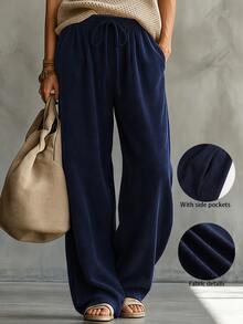 SHEIN Women's Casual Drawstring Waist Pocket Long Pants Lounge Navy Blue Autumn - Blue - View 2
