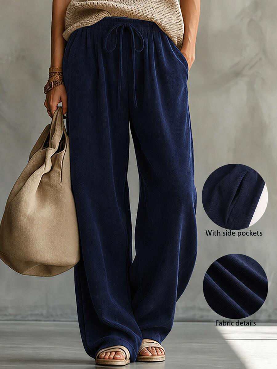 SHEIN Women's Casual Drawstring Waist Pocket Long Pants Lounge Navy Blue Autumn