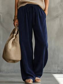 SHEIN Women's Casual Drawstring Waist Pocket Long Pants Lounge Navy Blue Autumn - Blue - View 8