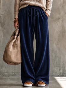 SHEIN Women's Casual Drawstring Waist Pocket Long Pants Lounge Navy Blue Autumn - Blue - View 9