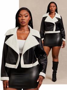SHEIN SXY Jaket Musim Dingin Lengan Pendek Panjang Bahan Bulu Imitasi Hitam & Kulit PU - Hitam dan Putih - View 2