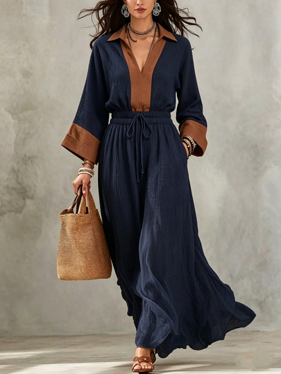 SHEIN Women's Colorblock Textured Fabric V Neck Lapel Cinched Waist A-Lined Long Sleeve Minimalist Elegant Dress Navy Blue Brown Autumn Casual Party Winter