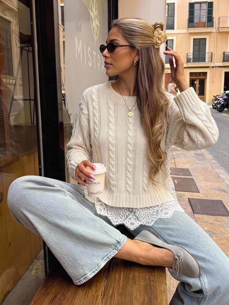 SHEIN Frenchy Women's Cable Knit Lace Trim Sweater, Crew Neck Long Sleeve Loose Pullover, Off White, Fall Winter Casual Office Layering Top,Fall Winter Sweater - Apricot - View 9