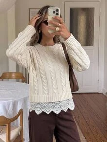 SHEIN Frenchy Women's Cable Knit Lace Trim Sweater, Crew Neck Long Sleeve Loose Pullover, Cream, Fall Winter Casual French Office Brunch Layering Top - Apricot - View 6