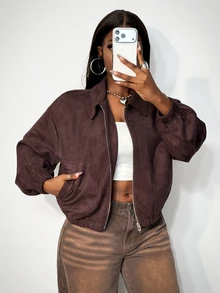 BamGleam 2026 New European And American Fashion Women's Long Sleeve Lapel Zipper Suede Jacket; Suitable For Casual Wear - Perfect Choice For Fashion Solid Colo - Brown - View 5