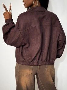 BamGleam 2026 New European And American Fashion Women's Long Sleeve Lapel Zipper Suede Jacket; Suitable For Casual Wear - Perfect Choice For Fashion Solid Colo - Brown - View 3