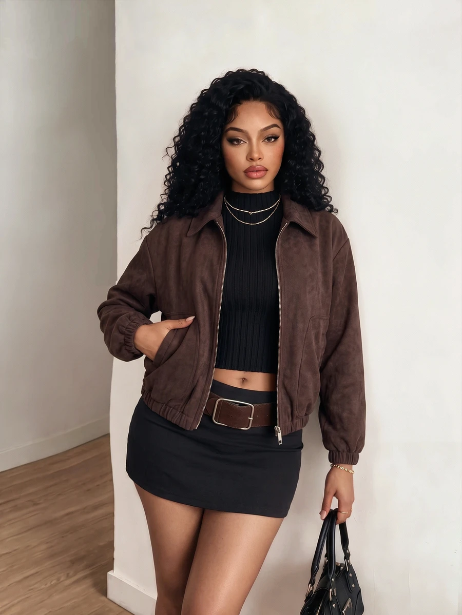 BamGleam 2026 New European And American Fashion Women's Long Sleeve Lapel Zipper Suede Jacket; Suitable For Casual Wear - Perfect Choice For Fashion Solid Colo