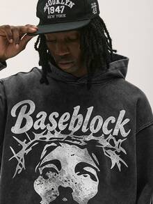 Baseblock 男士復古圖案印花連帽衛衣，黑色做舊哥德風套頭運動衫，休閒街頭風長袖上衣，適合春夏日常出遊、演唱會與音樂節 - 黑色 - 查看 6