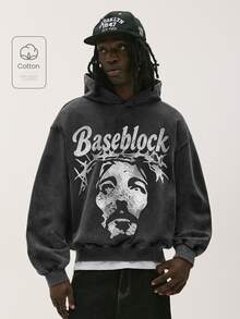 Baseblock 男士復古圖案印花連帽衛衣，黑色做舊哥德風套頭運動衫，休閒街頭風長袖上衣，適合春夏日常出遊、演唱會與音樂節 - 黑色 - 查看 1