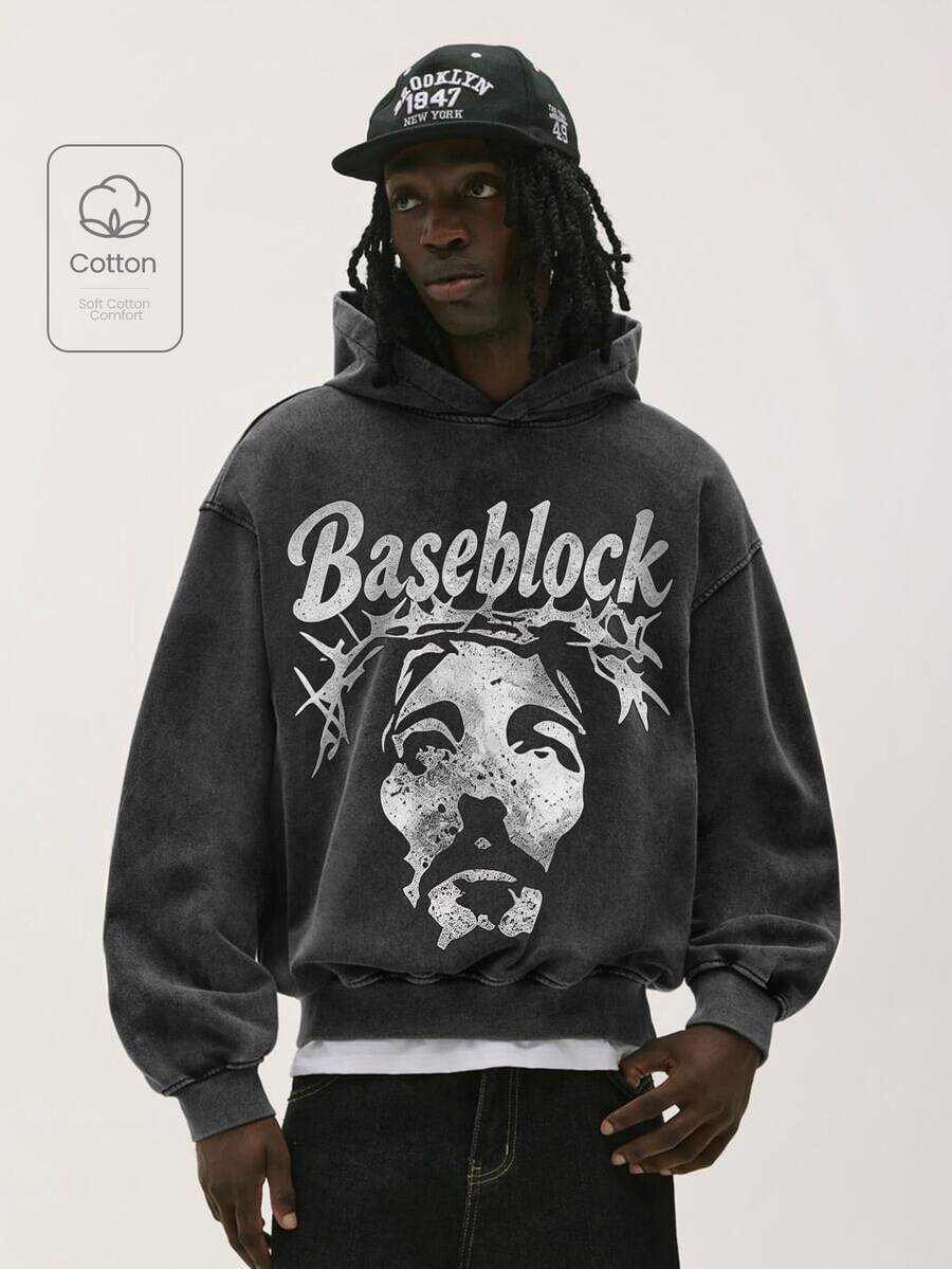 Baseblock 男士復古圖案印花連帽衛衣,黑色做舊哥德風套頭運動衫,休閒街頭風長袖上衣,適合春夏日常出遊、演唱會與音樂節 - 黑色 - 查看 1