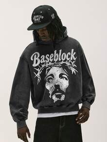 Baseblock 男士復古圖案印花連帽衛衣，黑色做舊哥德風套頭運動衫，休閒街頭風長袖上衣，適合春夏日常出遊、演唱會與音樂節 - 黑色 - 查看 4