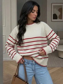 SHEIN PariChic Red And White Stripe Striped Thin Striped Patchwork Loose Fit Pullover Sweater, Autumn/Winter Brunch School French Casual French - Khaki - View 4