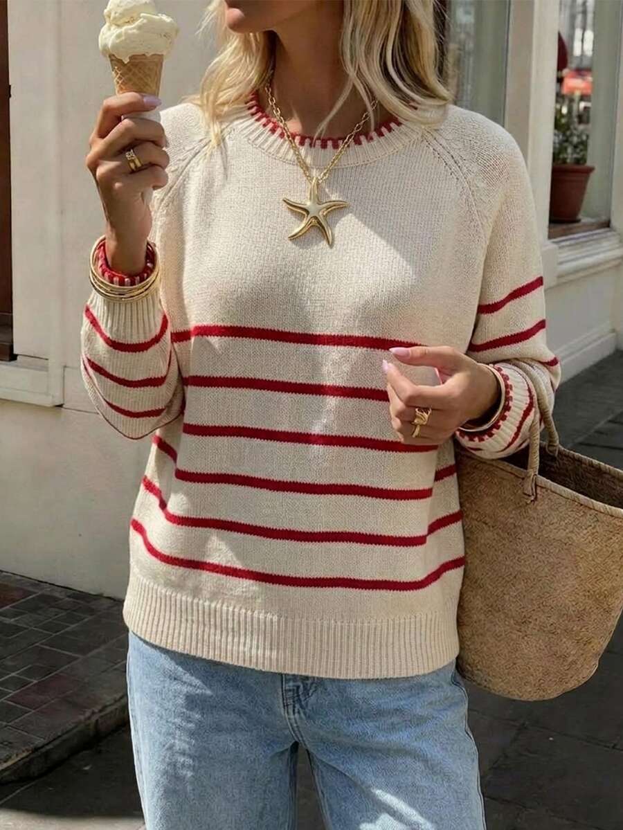 SHEIN PariChic Red And White Stripe Striped Thin Striped Patchwork Loose Fit Pullover Sweater, Autumn/Winter Brunch School French Casual French