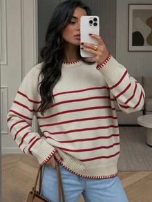 SHEIN PariChic Red And White Stripe Striped Thin Striped Patchwork Loose Fit Pullover Sweater, Autumn/Winter Brunch School French Casual French - Khaki - View 6