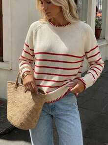 SHEIN PariChic Red And White Stripe Striped Thin Striped Patchwork Loose Fit Pullover Sweater, Autumn/Winter Brunch School French Casual French - Khaki - View 7