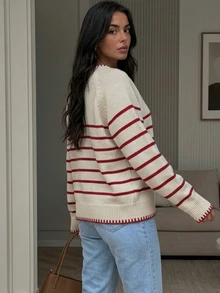 SHEIN PariChic Red And White Stripe Striped Thin Striped Patchwork Loose Fit Pullover Sweater, Autumn/Winter Brunch School French Casual French - Khaki - View 3