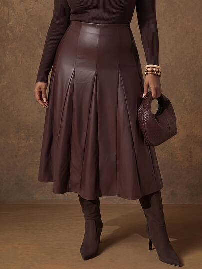 Zivah 2026 Autumn Women's Plus Size New Arrival Anniversary Graduation Season All-Match Versatile Cruise Travel Casual Comfortable Multi-Occasion Lightweight Fashion Plus Size Apparel High-End Elegant Romantic Dark Brown PU High Waist A-Line Skirt