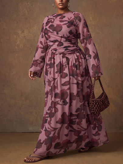 Zivah 2026 Autumn Women Plus Size New Arrival Anniversary Graduation Season All-Match Versatile Cruise Travel Casual Comfortable Multi-Occasion Lightweight Fashionable Plus Size Apparel Elegant Romantic Pink Floral Chiffon Ruched Long Wide Sleeve Dress